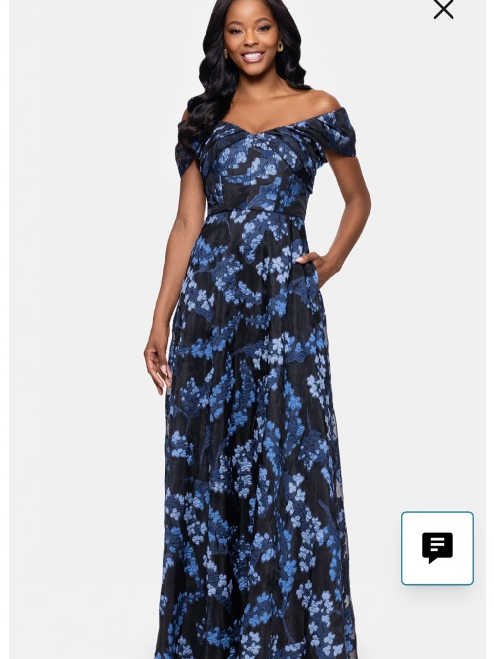 Embroidered Floral Off the Shoulder Gown
Betsy & Adam